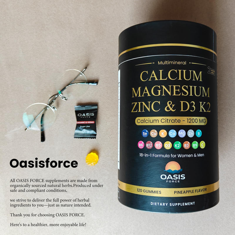 Calcium 1200 mg with Vitamin D3 Gummies, Calcium Citrate Supplements for Women & Men with Magnesium, Zinc, Vitamin D3 & K2, Potassium, Chews for Bone Strength & Muscle Support, Sugar Free, Vegan