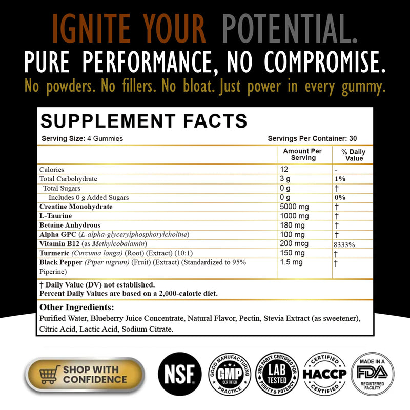 Creatine Monohydrate Gummies for Men & Women - Sugar Free & Vegan Advanced Formula W/L-Taurine + Vitamin B12 - for Muscle Strength, Muscles Builder, Recovery, Energy Boost, Pre-Workout Supplement Blueberry 120 Count (Pack of 1)
