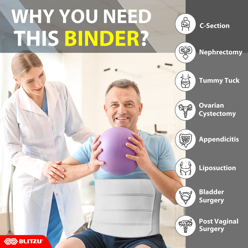 Abdominal Binder for Women & Men Post Surgery Recovery, 12 inch 4 Panel Waist Compression Band, Wrap Support for Bariatric, Belly, Stomach, Postpartum, Hernia, Latex-free. Breathable Fabric S-M S-M: Waist Size 30”-42”
