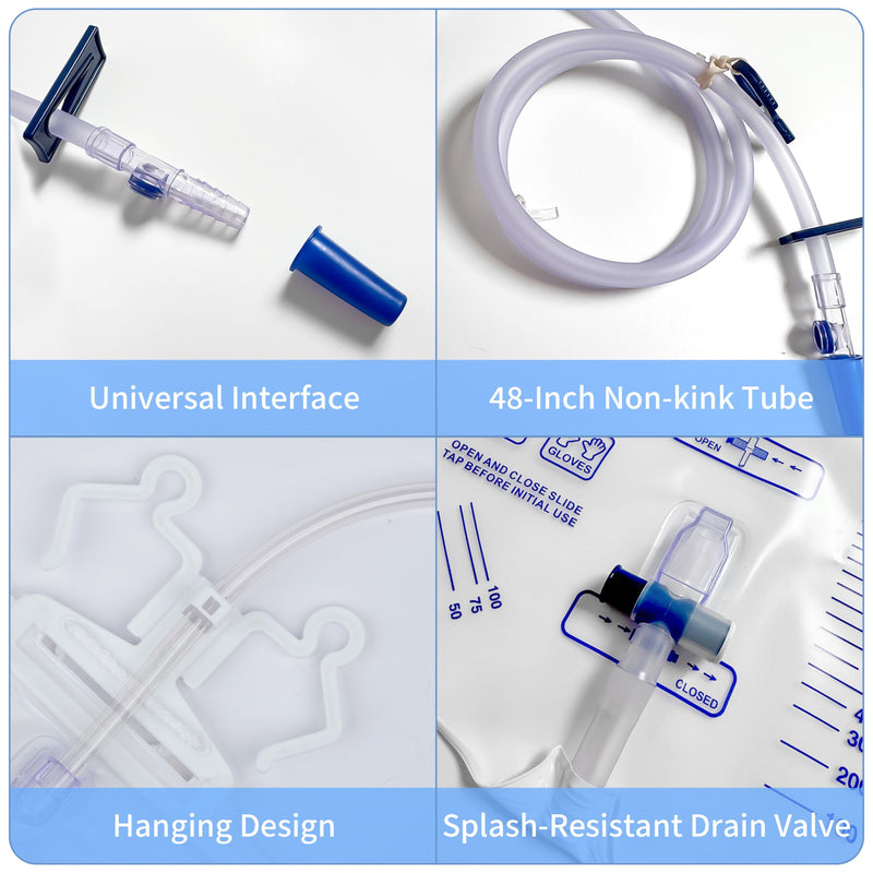 [Australia] - 3 Pack 2000mL Catheter Bags and 1 Pack Foley Catheter Leg Strap 23" Long x 2" Wide,Urinary Drainage Bag with Anti-Reflux Chamber and 2000 mL Volume, 48" Drainage Tube, Clips and Hanging Hook 3pack+Foley Catheter Leg Strap 