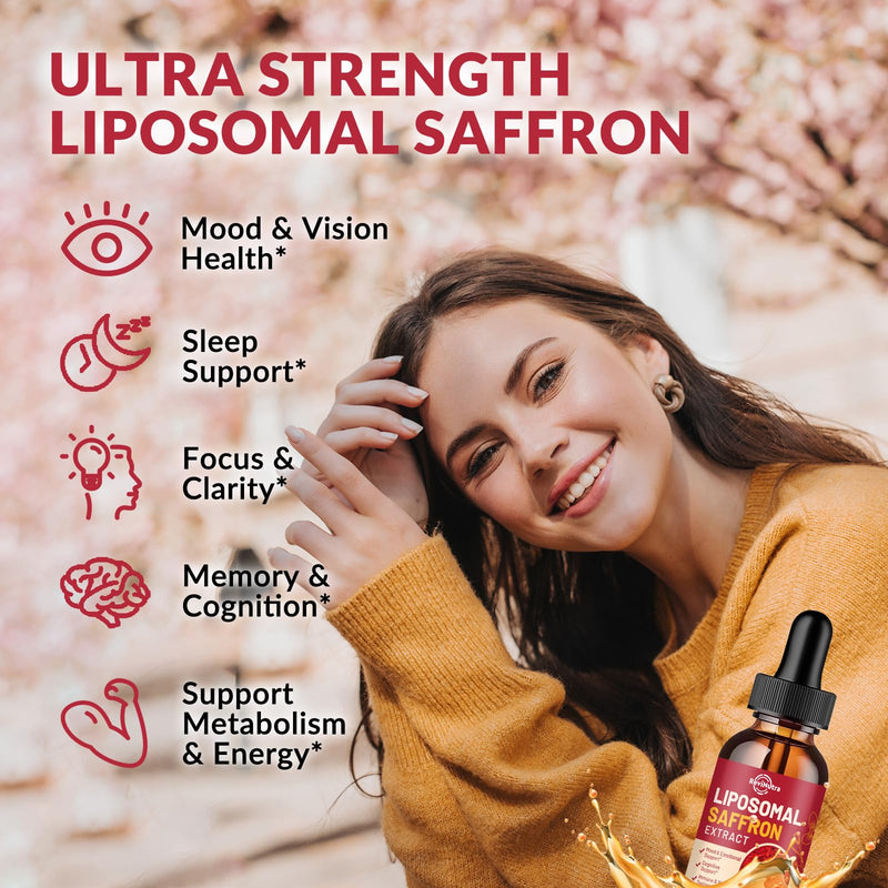 Saffron Supplements - 88.5mg Saffron Extract Liposomal Liquid Drops with Magnesium, Zinc, Ashwagandha, L-Theanine, Vitamin B6, D3 for Antioxidant Mood Energy Vision & Focus, Strawberry Flavor 4 Fl Oz 4 Fl Oz (Pack of 1)