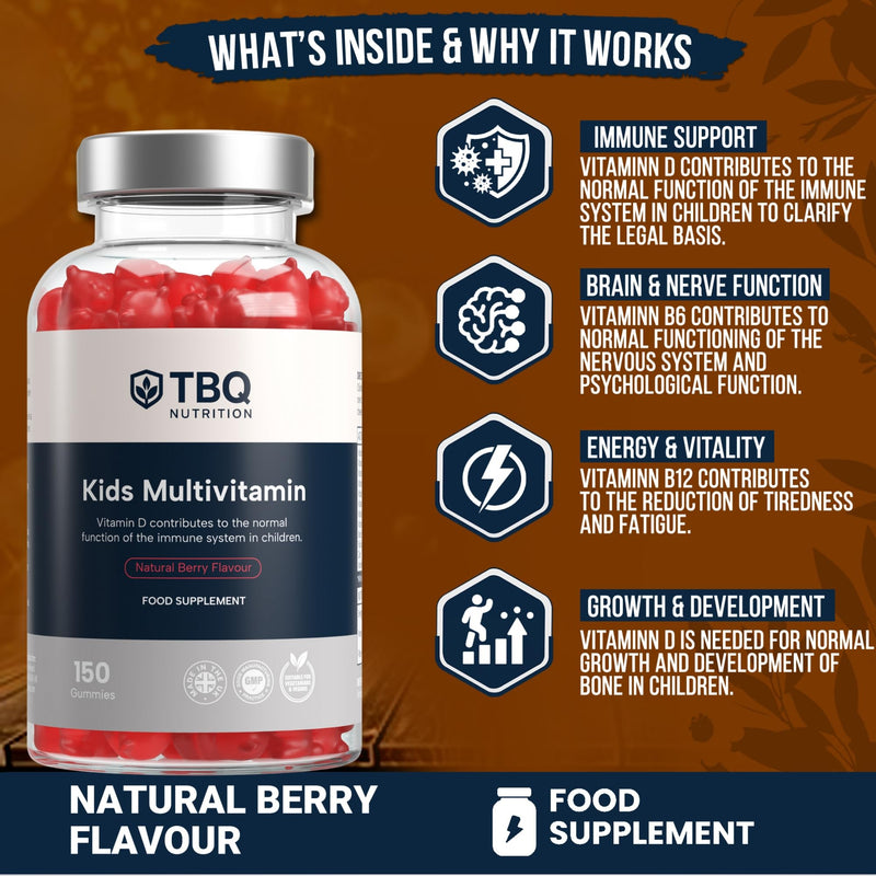 Kids Multivitamin & Mineral Gummies – 150 Vegan Berry-Flavoured Gummies | with Vitamins A, B6, B12, C, D2, E, Biotin, Folic Acid & Zinc | Daily Nutritional Support