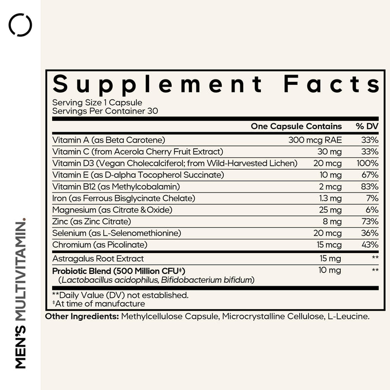 Codeage Men's Multivitamin, D3, Magnesium, Zinc, Probiotics, 30 Capsules | Men's multivitamin capsules with vitamins A, C, D3, E, B12, zinc, magnesium, omega-3 and probiotics. Non-GMO.