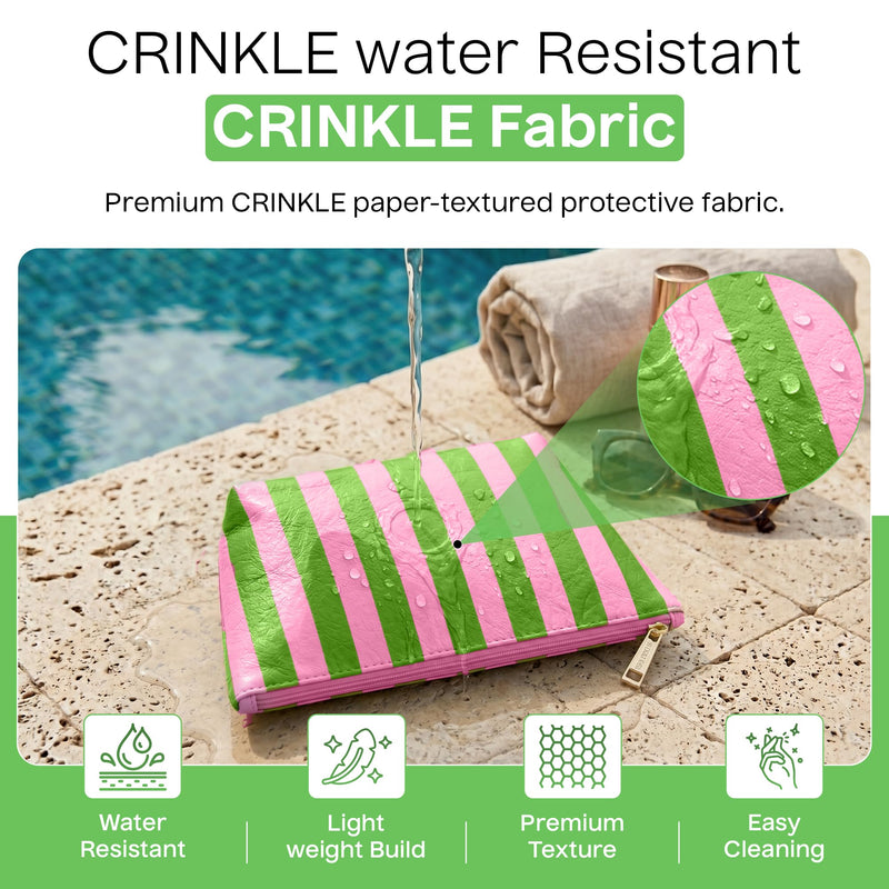Preppy Stripe Crinkle Makeup Bag Set of 5 Travel Cosmetic Bags | Pink and Green, 6 x 9 x 3 in, Crinkle & stripe design, waterproof fabric, generous capacity, gift for women Green/Pink