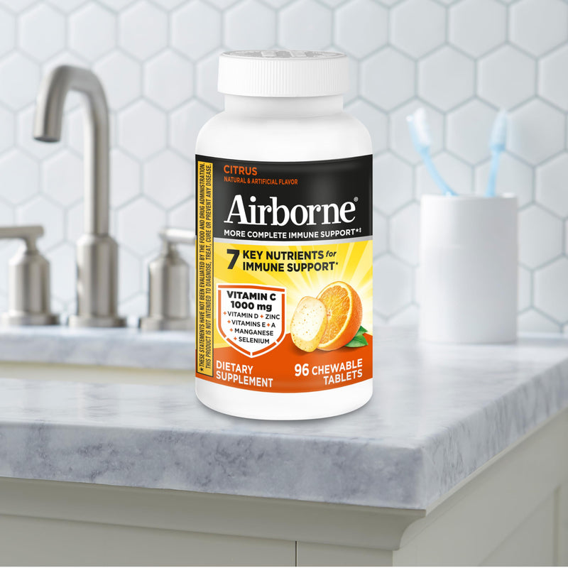Airborne Vitamin C 1000mg (per Serving) - Citrus Chewable Tablets (96 Count in a Box) - Packaging May Vary | Antioxidants Vitamins A, D & E + Zinc, Selenium, and Manganese, Herbal Blend, Multivitamin Supplements, Immune Health, Tasty 96 Count (Pack of 1)