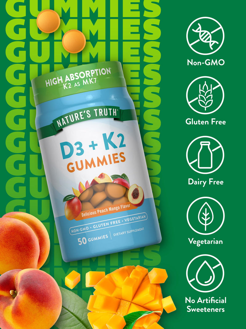 Nature's Truth Vitamin D3 + K2 Gummies | 50 Count | Peach Mango Flavor | Vegetarian, Non-GMO & Gluten Free Supplement 50 Count (Pack of 1)