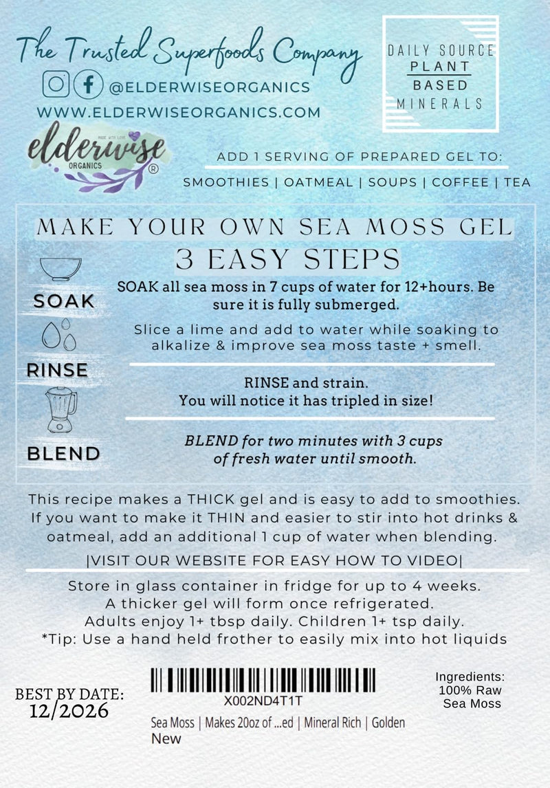 Elderwise Golden Sea Moss, Raw Wildcrafted Gracilaria, Makes 24oz Gel | Sun-Dried Sea Moss with no chemicals used or Flavors; a Simple Mineral & Vitamin Rich Choice for home kitchens