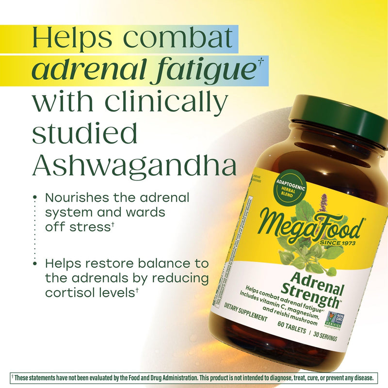 MegaFood Adrenal Strength, Adrenal Support Supplements, 60 Tablets | Reduce Stress and Cortisol Production with Ashwagandha, Magnesium Glycinate, Vitamin C, Holy Basil, Vegetarian, 30 Servings 60 Count (Pack of 1)
