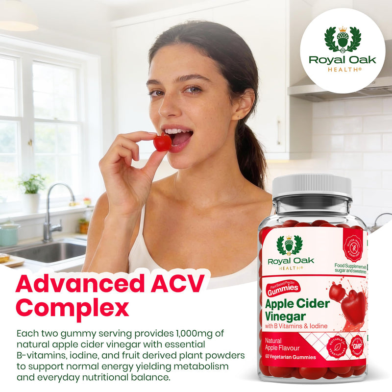 Apple Cider Vinegar 1,000mg ACV Gummies with Vitamin B6, B12, Folic Acid & Iodine | Energy & Metabolism Support | UK Made by Royal Oak Health Apple Cider Gummies