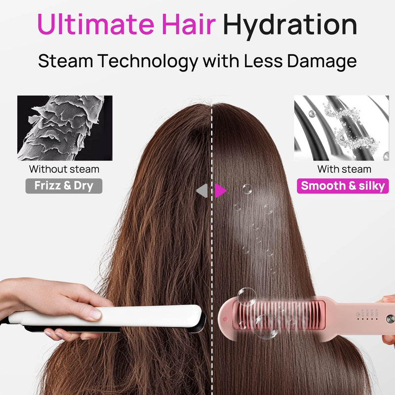 [Australia] - Aniekin 3 in 1 Steam Hair Straightener Brush, 4 Temp Settings & Steam Reduces Damage, Nourishes Hair, and Expedites Straightening, Dual Voltage, Professional Styling Tools 