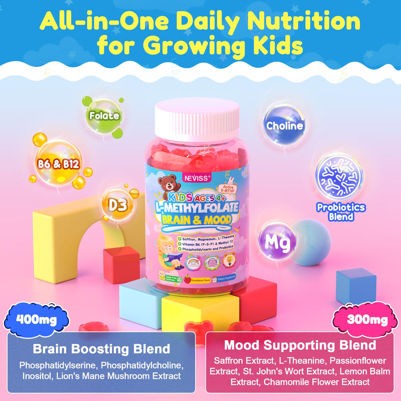 Kids L-Methylfolate Gummies, Focus Gummies For Kids + Magnesium, Saffron | Active 5-MTHF Kids Methylated Multivitamin + Lion's Mane, Choline, Methyl B12 & B6 for Brain, Mood, Bēhavior, No Sugar, 2Pack