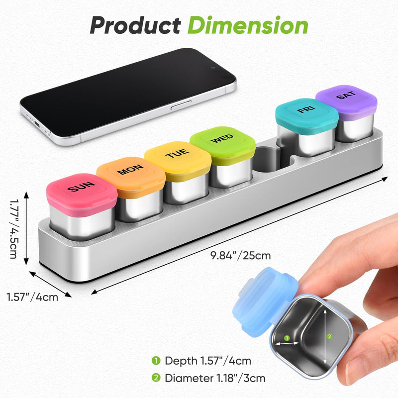 Square Metal Pill Case 7 Day, Stainless Steel | Medicine Box Organizer for Travel, Waterproof Tablet Container, Portable Daliy Pill Holder for Vitamins Fish Oils Rainbow