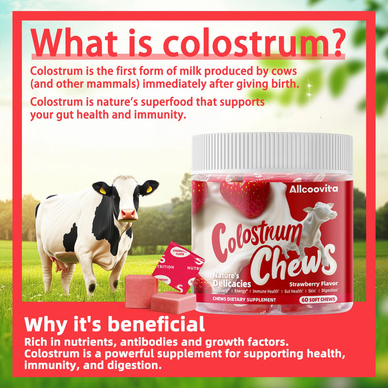 [Australia] - Bovine Colostrum Chews Supplement with probiotics for Gut Health, Bloating, Immune Support, Skin, Hair Growth and Beauty - Strawberry Flavor (60 Servings) 60 Count (Pack of 1) 