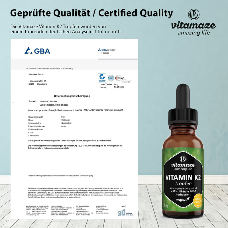 Vitamin K2 Drops, 200 mcg Vitamin K2 per Daily Dose, High Strength, Vegan & Liquid, MK-7 Menaquinone (> 99% All-Trans Form), 50 ml (1700 Drops), Supplement Without Additives, High Bioavailability