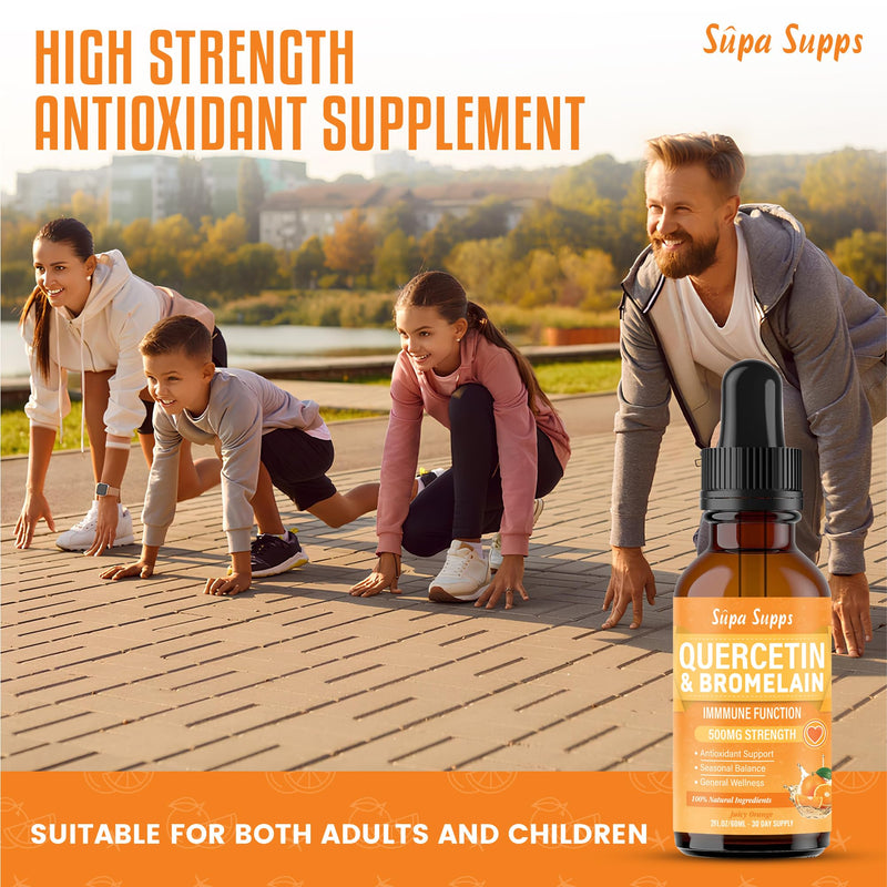 Quercetin Liquid Drops 60ml - High Strength 500mg Per Serving Bromelain Drops - Antioxidant Quercetin Supplement for Absorption - Fast Absorbing Polyphenol Querctin Complex - Orange Flavour