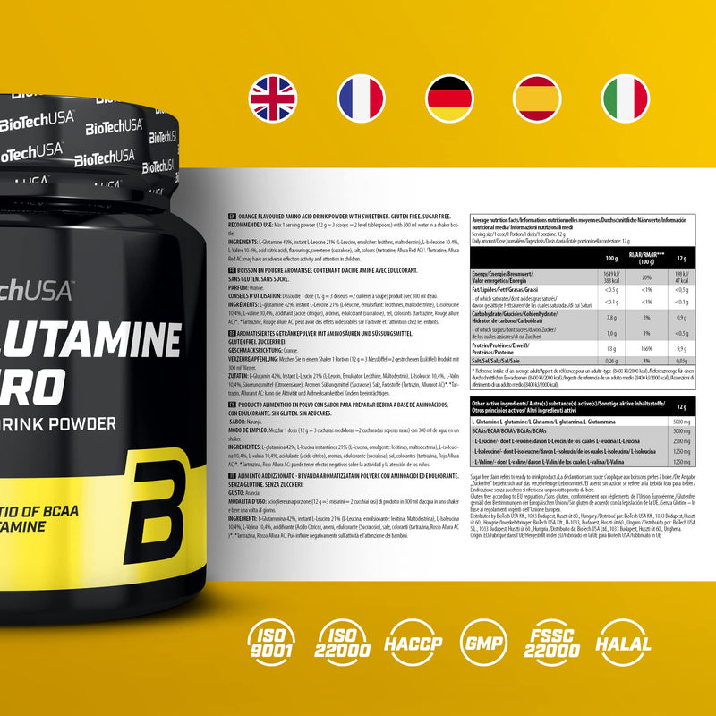 BioTechUSA BCAA + Glutamine Zero | 40 Servings | Vegan | Sugar-Free | Gluten-Free | 2:1:1 Ratio BCAAs | 480 g | Orange
