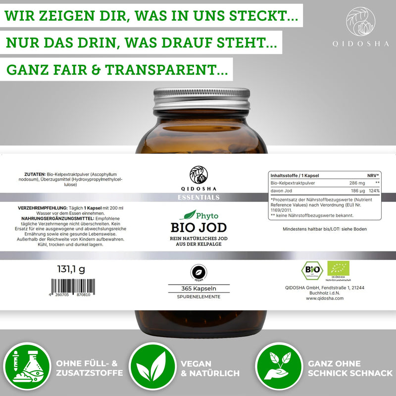 [Australia] - QIDOSHA® Iodine from organic kelp, 365 capsules in a pharmacist jar, vegetable iodine from organic kelp algae, vegan, each batch laboratory tested, German production 