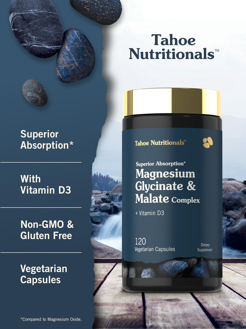 Tahoe Nutritionals Magnesium Glycinate and Malate Complex with Vitamin D3 | 120 Capsules | Superior Absorption | Non-GMO and Gluten Free