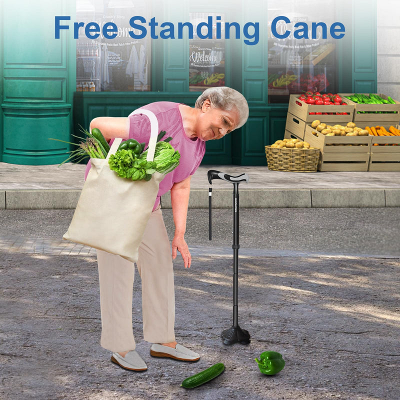 [Australia] - KingPavonini Walking Cane for Men Women Stability, Free Standing Foldable Cane, Ergonomic Handle Pivoting Quad Base, Heavy Duty 350 LBs, Adjustable Walking Canes for Seniors Balance with Travel Bag Black 