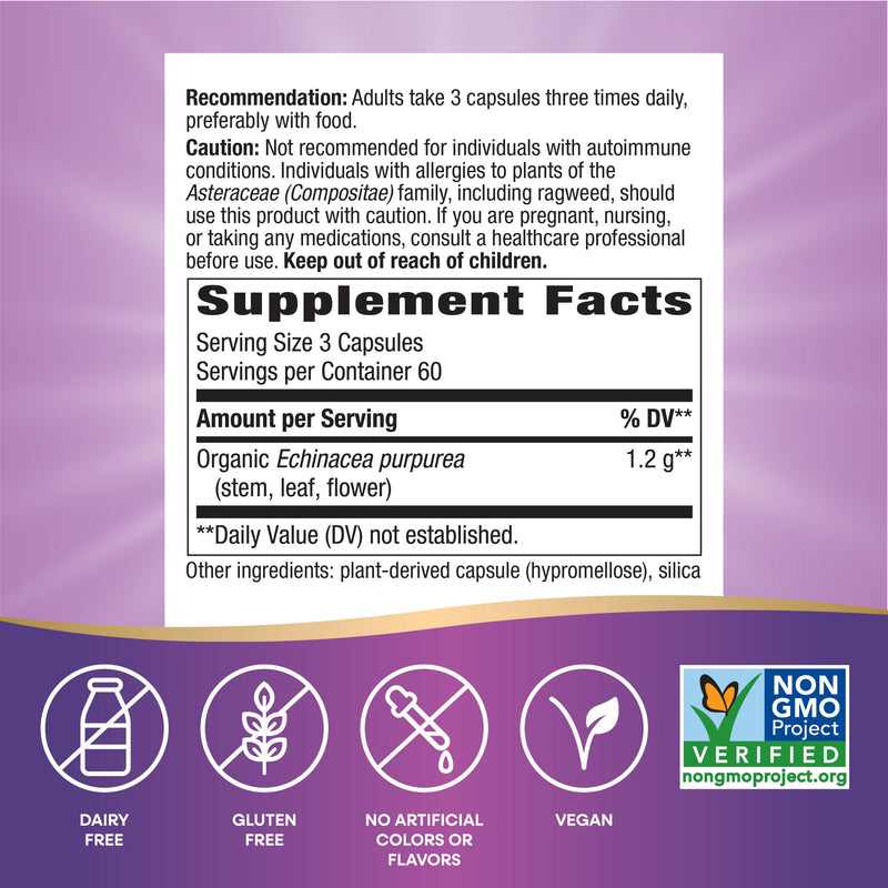 [Australia] - Nature's Way Echinacea Purpurea Herb, Immune Support*, 1,200 mg per 3- Capsule Serving, Non-GMO Project Verified, Vegan, 180 Capsules (Packaging May Vary) 180 Count (Pack of 1) 