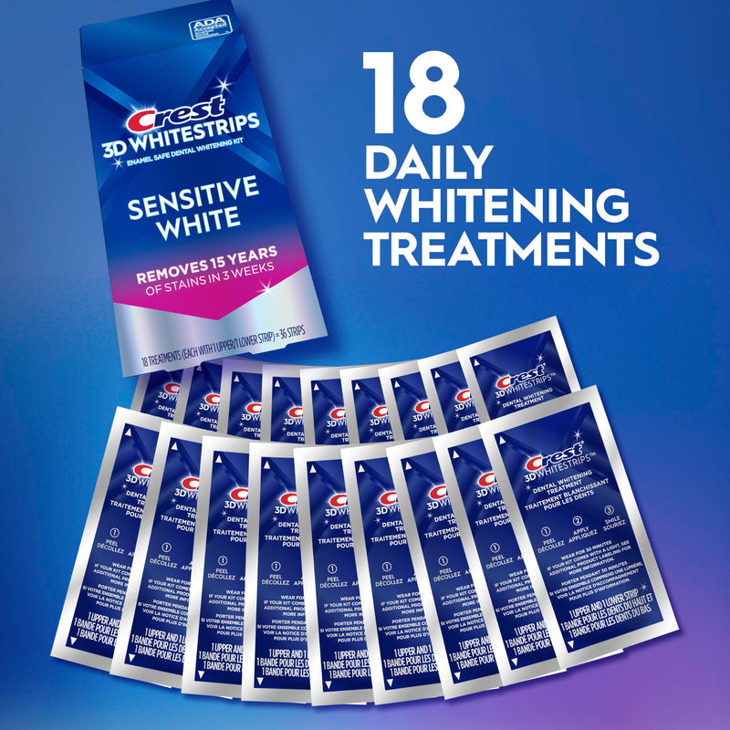 Crest 3DWhitestrips Sensitive White At-Home Teeth Whitening Kit, 18 Treatments, Gently Removes 15 Years of Stains 18 Count (Pack of 1)