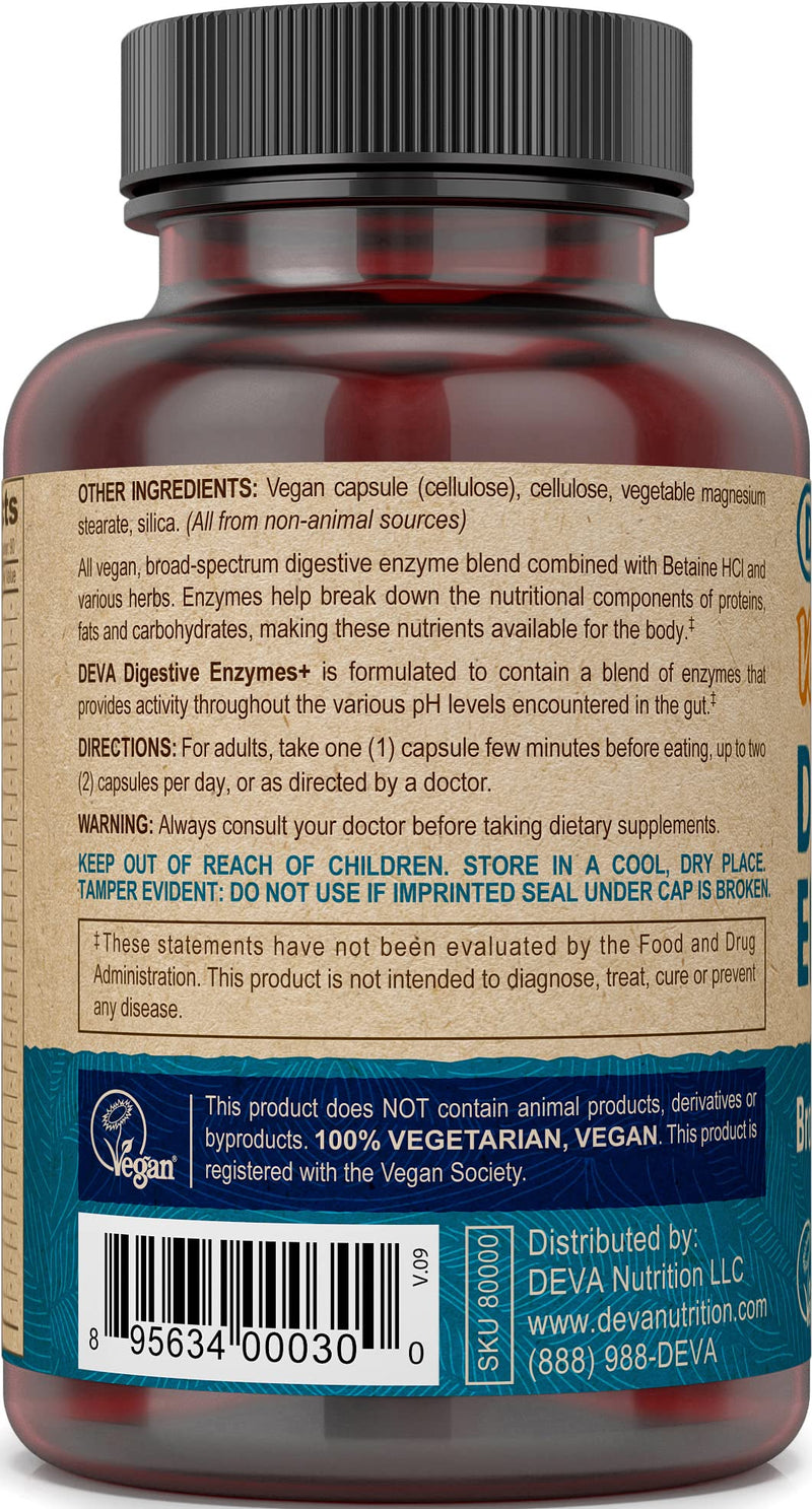DEVA Vegan Vitamins Digestive Enzymes Plus Supplement - A Unique Blend of Enzymes & Herbs - 90 Capsules, 1-Pack 90 Count (Pack of 1)