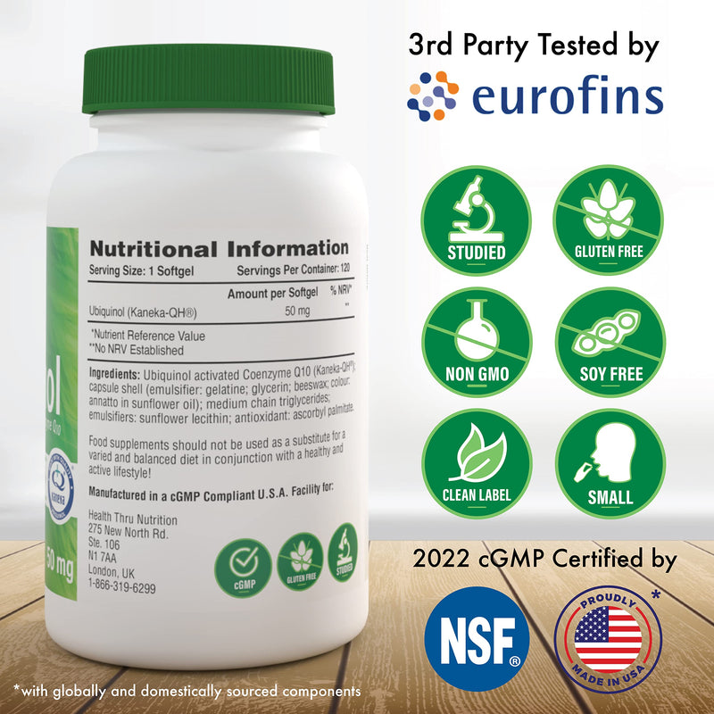 Ubiquinol 50mg as Kaneka QH Reduced CoQ-10 | Stabilized - 3rd Party Tested | Enhanced Bioavailability | Cardiovascular & Mitochondria Function Support | Non-GMO by Health Thru Nutrition (Pack of 120)