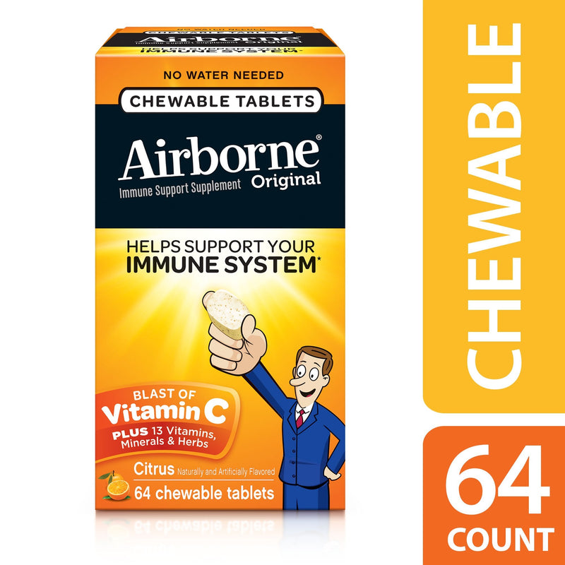 Airborne Vitamin C Immune Support Supplement, Chewable Tablets, Citrus, 64 Count