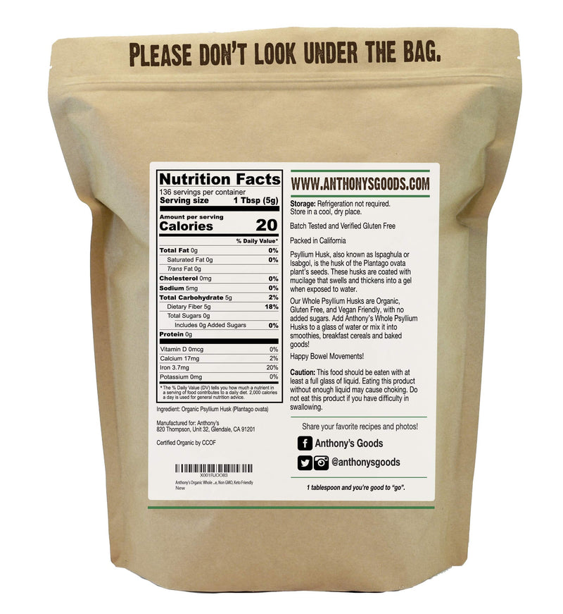 [Australia] - Anthony's Organic Whole Psyllium Husks, 1.5 lb, Dietary Fiber, Gluten Free, Non GMO, Keto Friendly 