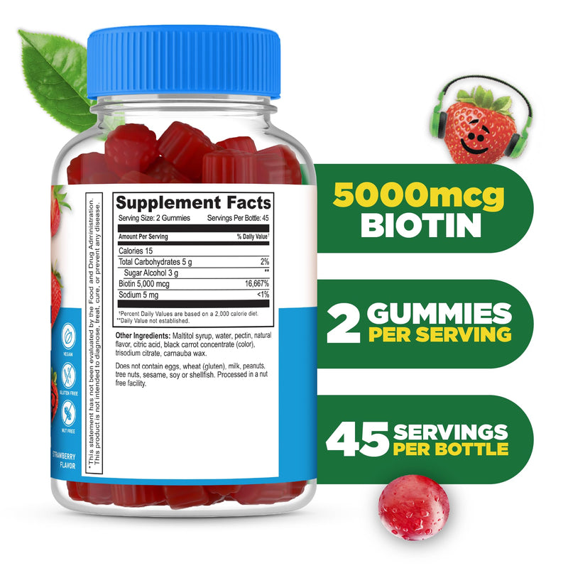 Lifeable Sugar Free Kids Biotin Gummies | 5000mcg | Great Tasting Biotin Supplement | Biotin Gummies for Hair Growth, Skin and Nail Health | Hair Vitamins for Kids, Boys, Girls | 90 Gummies