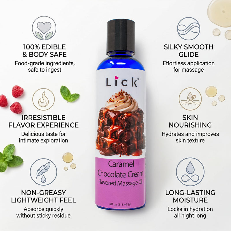 Caramel Chocolate Cream Flavored Massage Oil – Tropical Edible Massage Oil with Sweet Almond Oil & Vitamin E, Hydrating Body-Safe Formula for Relaxing Couples Massage, 4 oz