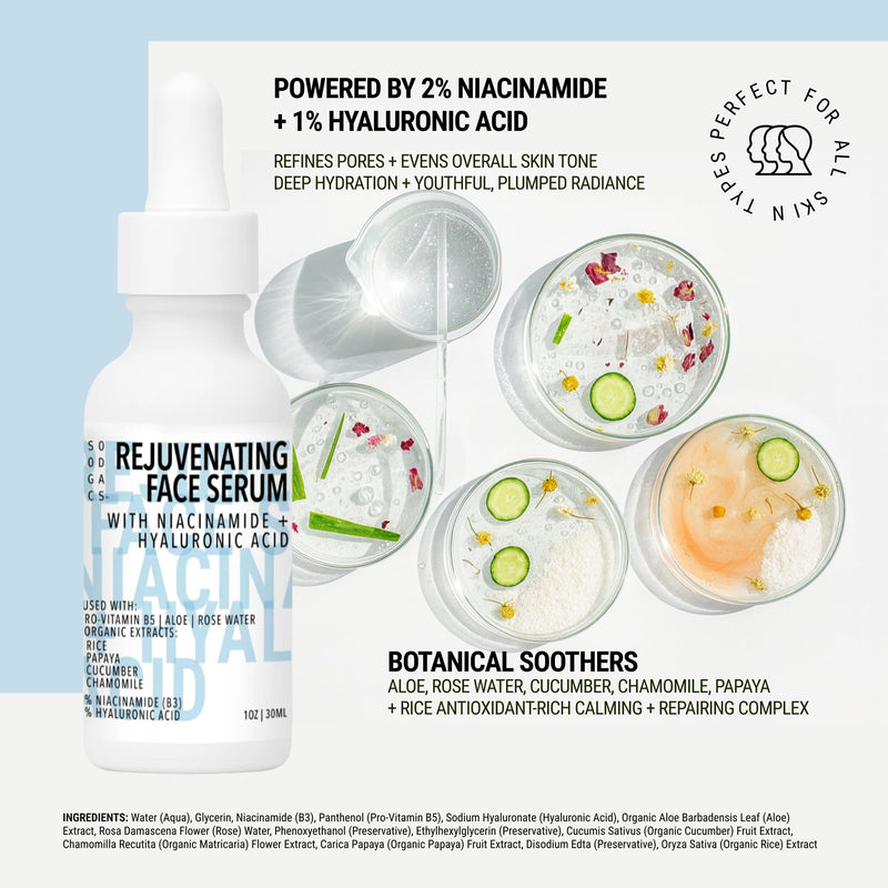 Rejuvenating Niacinamide and Hyaluronic Acid Serum for Face, Hyaluronic Acid Moisturizer and Body Serum, Infused with Pro-Vitamin B5, Aloe and Rose Water