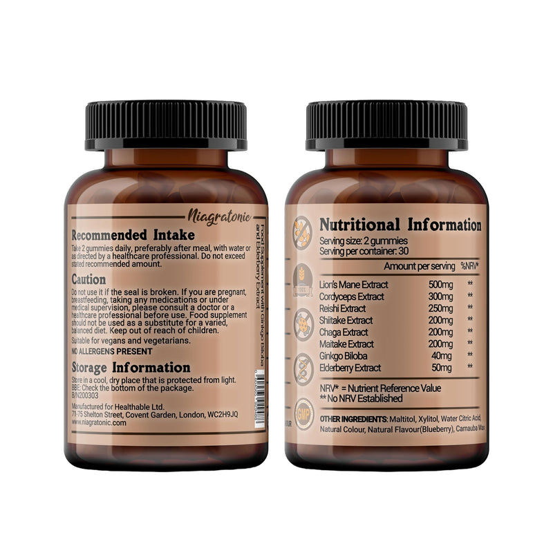 Mushroom Complex Gummies - 6 Mushroom Blend with Lion’s Mane, Reishi, Cordyceps, Shiitake, Maitake & Chaga + Ginkgo & Elderberry - Sugar Free Blueberry Flavour - 60 Gummies