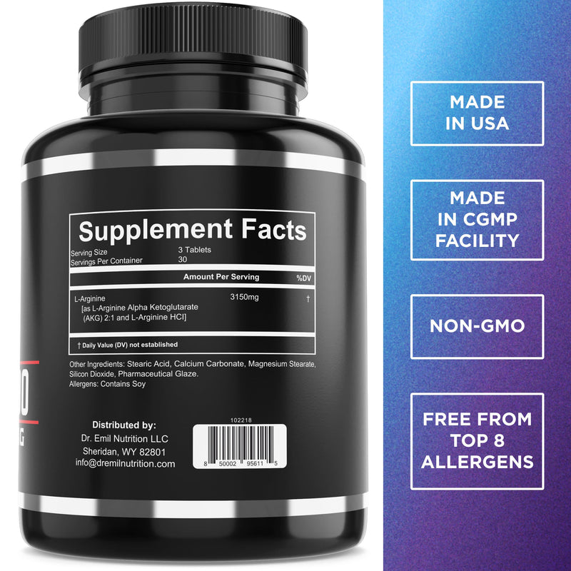 [Australia] - Dr. Emil - L Arginine (3150mg) Highest Capsule Dose - Nitric Oxide Supplement for Vascularity, Endurance and Heart Health (AAKG and HCL) - 90 Tablets 