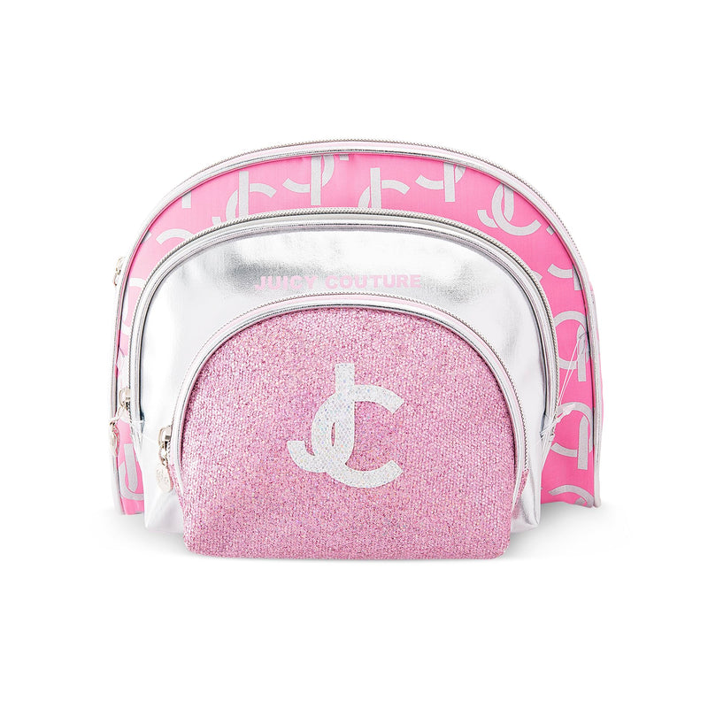 Juicy Couture Silver Pink Makeup Bag Cosmetics Organizer Travel Essentials Clutch Coin Purse Three Piece Set Shiny Glitter
