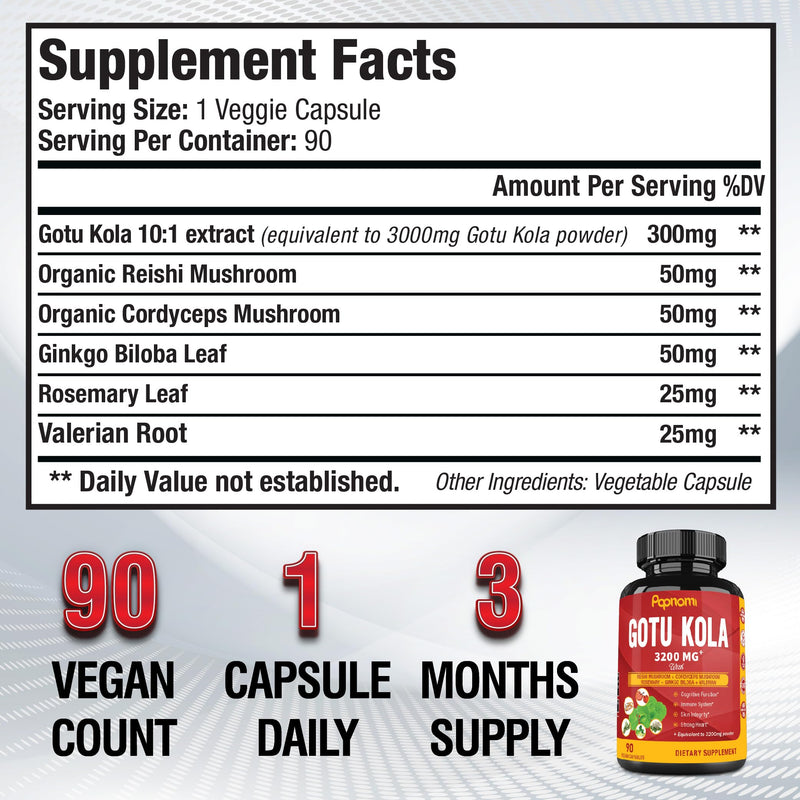 [Australia] - Organic Gotu Kola Extract Capsules - Equivalent to 3200Mg with Reishi, Cordyceps, Rosemary, Gingko Biloba & Valerian Root - 90 Counts for 3 Months - Supports Brain, Immunity, Skin & Heart Health 