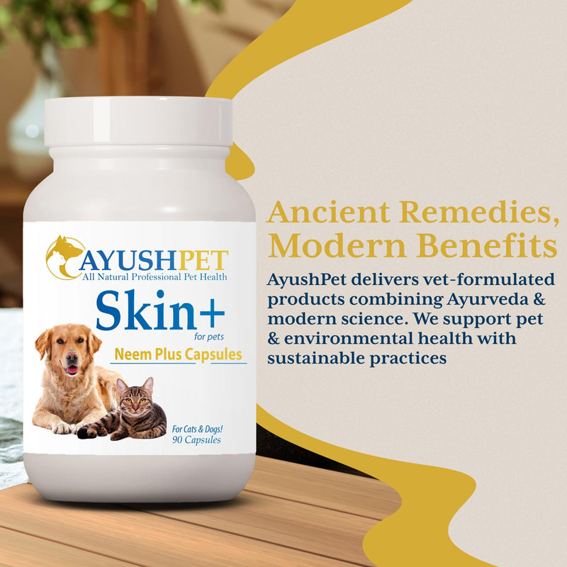 Ayush Pet Skin Plus, Neem Supplement for Healthy Skin and Coat, Supports Gut and Immunity, 90 Capsules - PawsPlanet Australia
