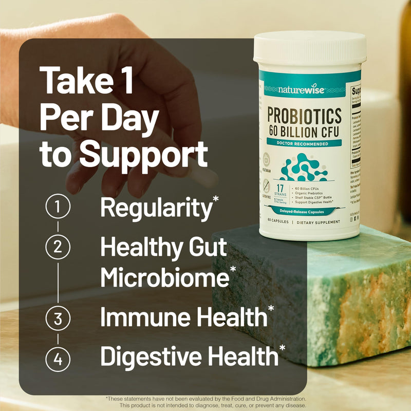 NatureWise Probiotics 60 Billion CFU - 17 Strains + Organic Prebiotics - Immune, Digestive & Gut Health Support for Women & Men - Vegetarian, Gluten-Free, Non-GMO - 60 Capsules[2-Month Supply] 60 Count (Pack of 1)