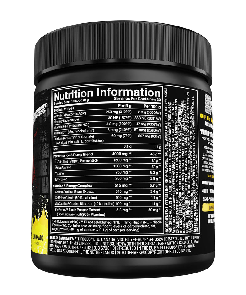 MUTANT Madness | Ultra-Concentrated Pre-Workout Supplement | 360mg Caffeine, 4g Pump & Performance Blend, Beta-Alanine, Energy & Focus | 30 Serving | Lemonade 30 servings (225 g)