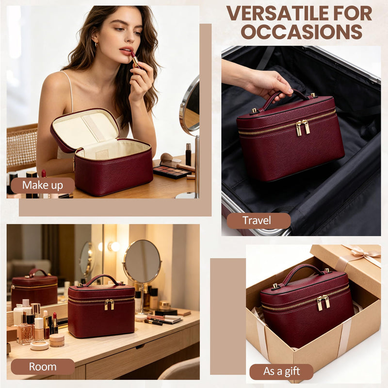 PU Leather Travel Makeup Bag Hard Cosmetic Organizer Vanity Case for Women | Water-resistant exterior wipes clean instantly. Sturdy box structure protects delicate cosmetics and glass skincare bottles Burgundy