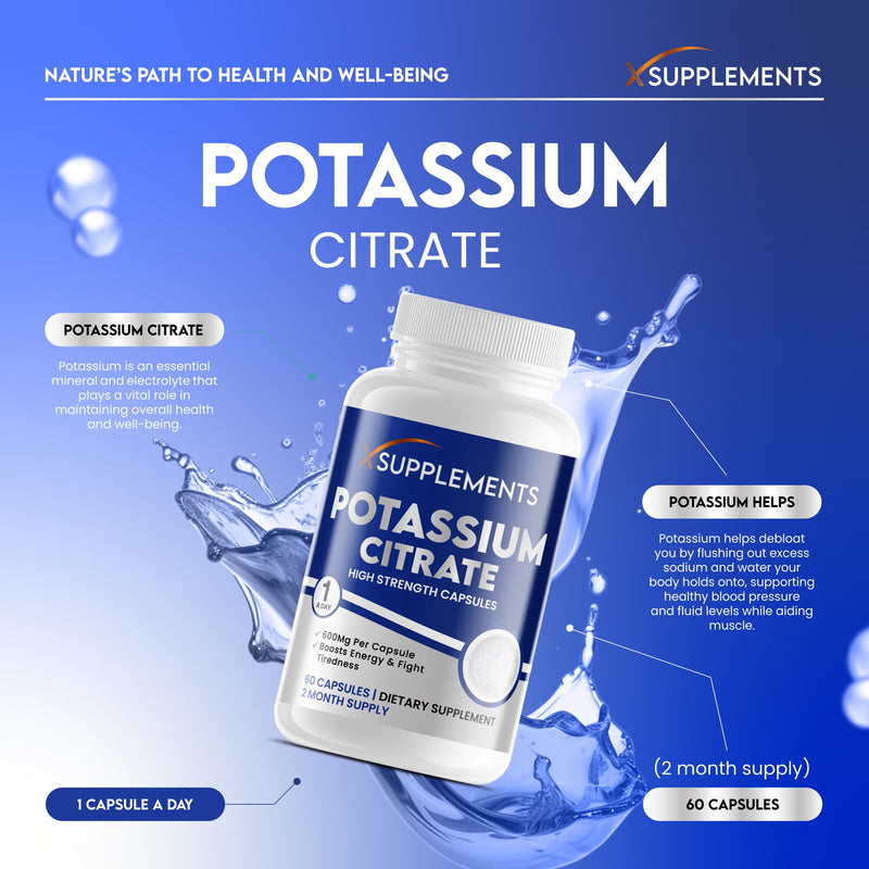 Potassium Citrate Capsules | 600mg Per Serving | 60 Vegan Capsules | 2 Month Supply | High Strength Potassium Supplements for Kidney Health | Muscle & Nerve Function