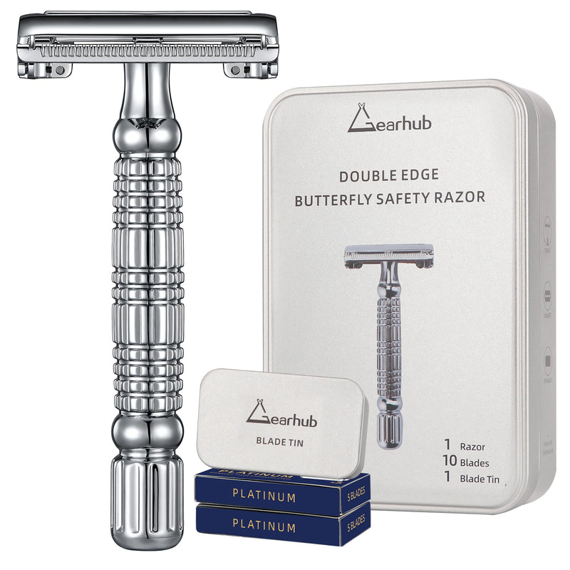 Gearhub Butterfly Double Edge Safety Razor Reusable Stainless Metal Wet Shaving Razor with 10 Swedish Platinum Blades for Men Women Barber Bikini Armpit Hair GR179 Butterfly Razor (Silver)