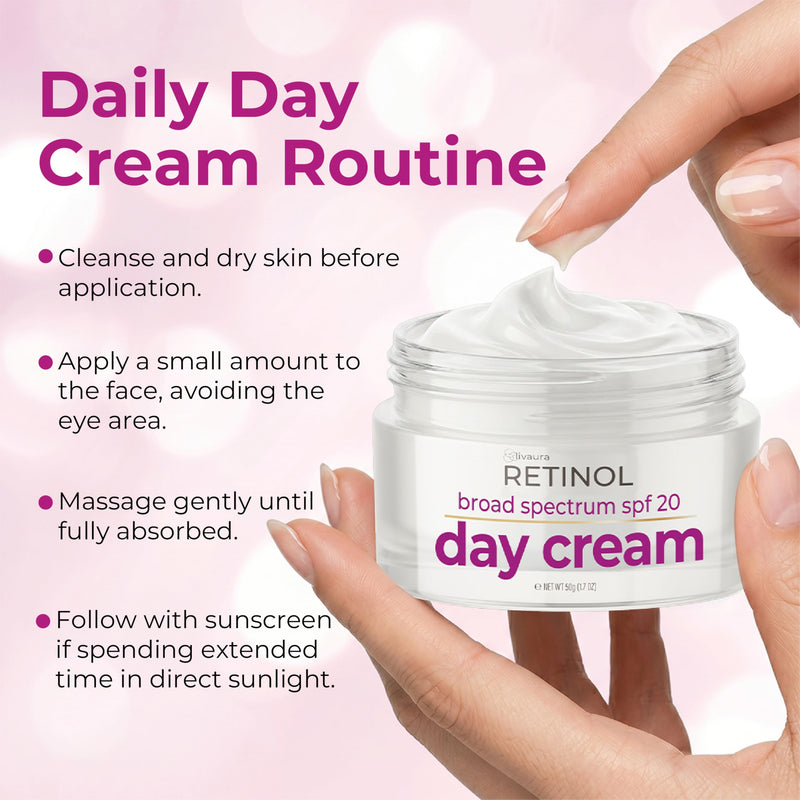 LIVAURA Retinol Day Cream SPF 20 - Anti Aging Face Moisturizer for Women | Daily face cream for mature and aging skin with Vitamin C and E - lightweight wrinkle care that wears under makeup