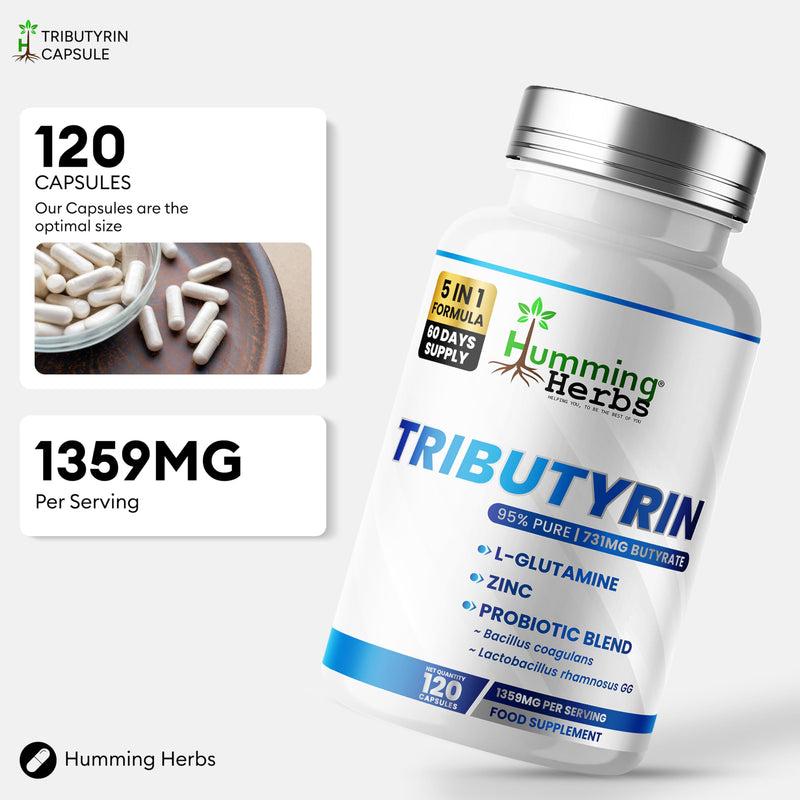Humming Herbs Tributyrin Complex – 120 Vegan Capsules (60 Days) | 95% Pure Tributyrin, L-Glutamine, Zinc (as Zinc-L-Carnosine), Prebiotic FOS & Probiotic Blend