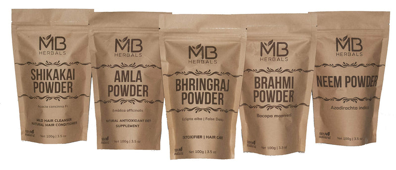 [Australia] - MB Herbals Hair Care Powders COMBO Pack | Shikakai | Neem | Brahmi | Amla | Bhringaraj | Powders | 100 Grams Each | For Hair Pack | External Use Only 