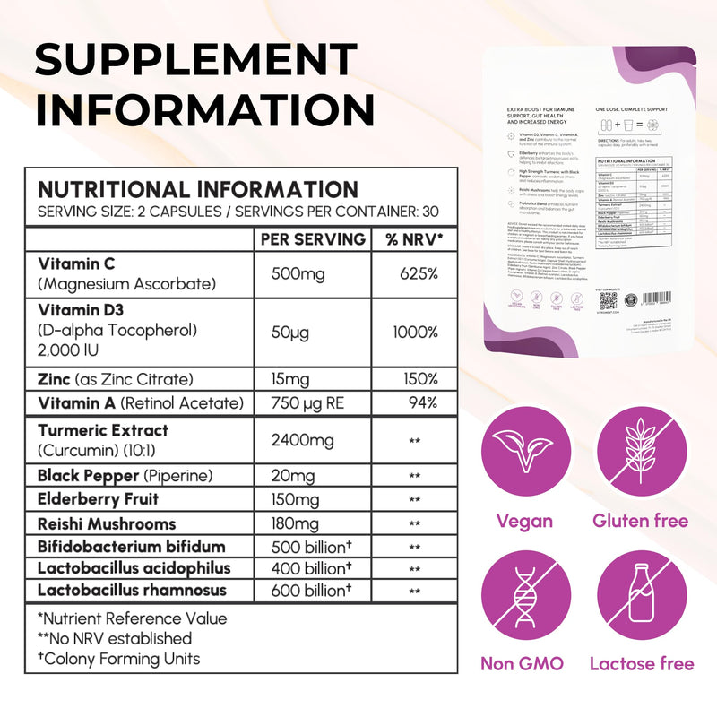 Gut Health and Immune Support Multivitamin & Probiotic Complex - Cognitive Support - with Reishi, Elderberry, Curcumin/Turmeric & Piperine, D3, Vitamin C & Zinc | Vegan, Made in the UK Power up my immune system 60 count (Pack of 1)