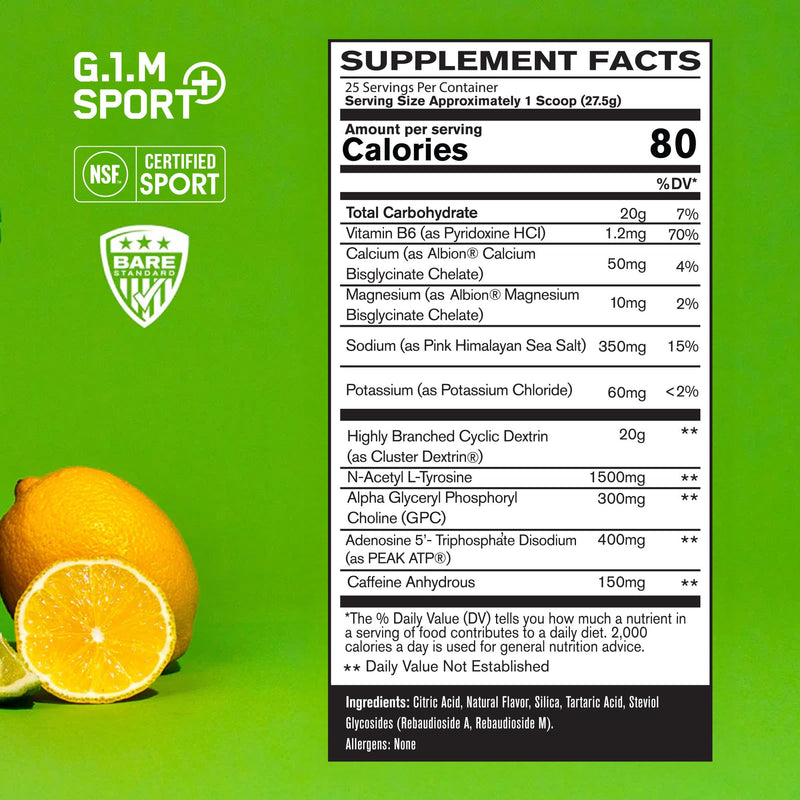 [Australia] - BARE PERFORMANCE NUTRITION G.1.M Sport+ Endurance Pre-Workout – Lemon Lime | 25 Servings | 20g Carbs, 350mg Sodium, 150mg Caffeine | Electrolytes, Nootropics & Cluster Dextrin® for Energy & Focus 