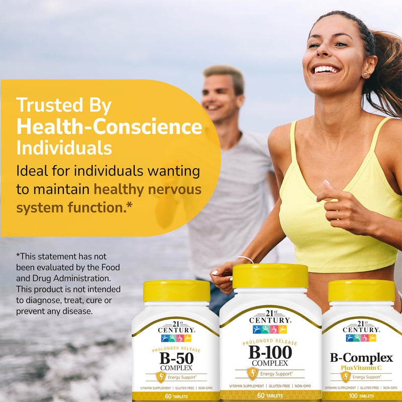 21st Century B-100 Complex Prolonged Release Tablets, Energy, 60 Count | High-Potency B-100 Complex with B1, B2, B6, B12, Biotin & Folic Acid, Energy Metabolism & Nervous System Support, Gluten Free 60 Count (Pack of 1)