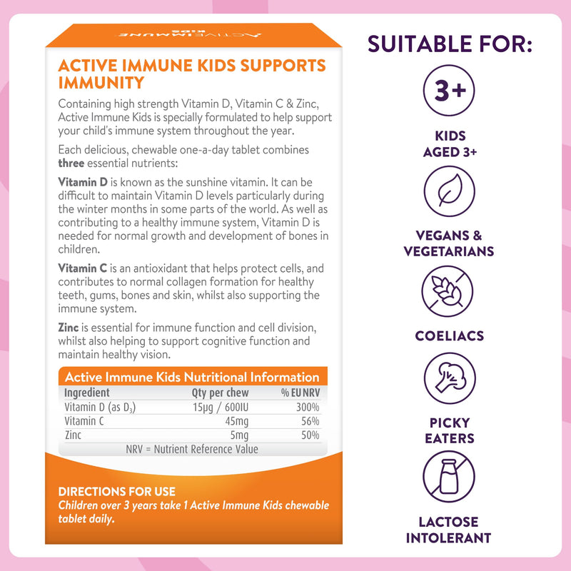 Active Immune Kids Supplement, Vitamin D, C & Zinc, Daily Multivitamin for Kids Immune System, Chewable & Easy to Swallow, 60 Orange Flavoured Chews, 2 Month Supply Immune for Kids