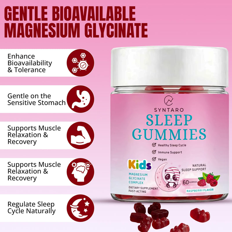 Sleep Gummies for Adults & Kids – Natural Sleep Gummies with Magnesium Glycinate Complex, Raspberry Flavor Sleep Supplement for Healthy Sleep Cycle & Immune Support, 60 Gummies